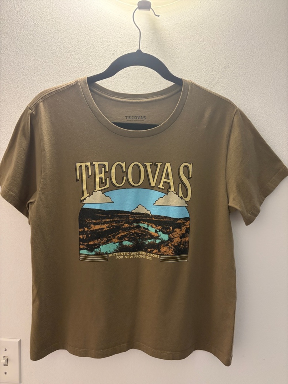 Tecovas Olive Graphic Tee with Turquoise and Beige Landscape